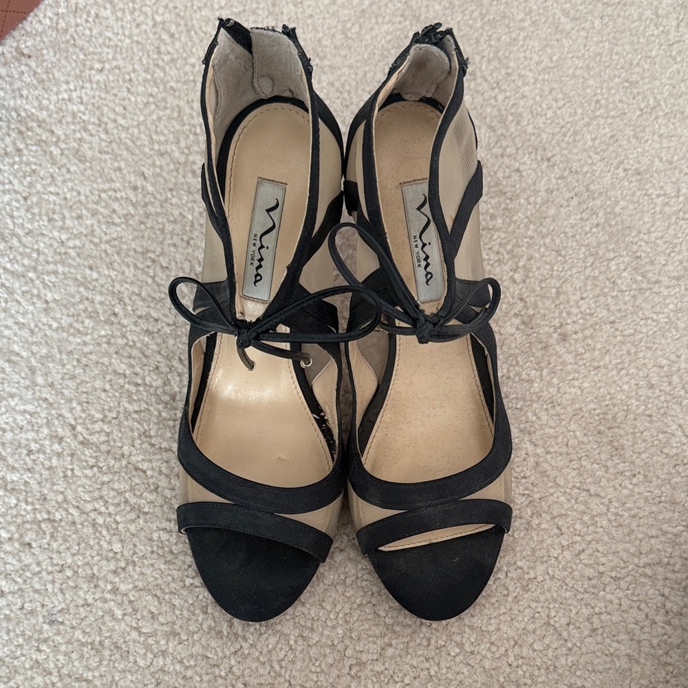 Nina Black and Cream Lace-Up Heels